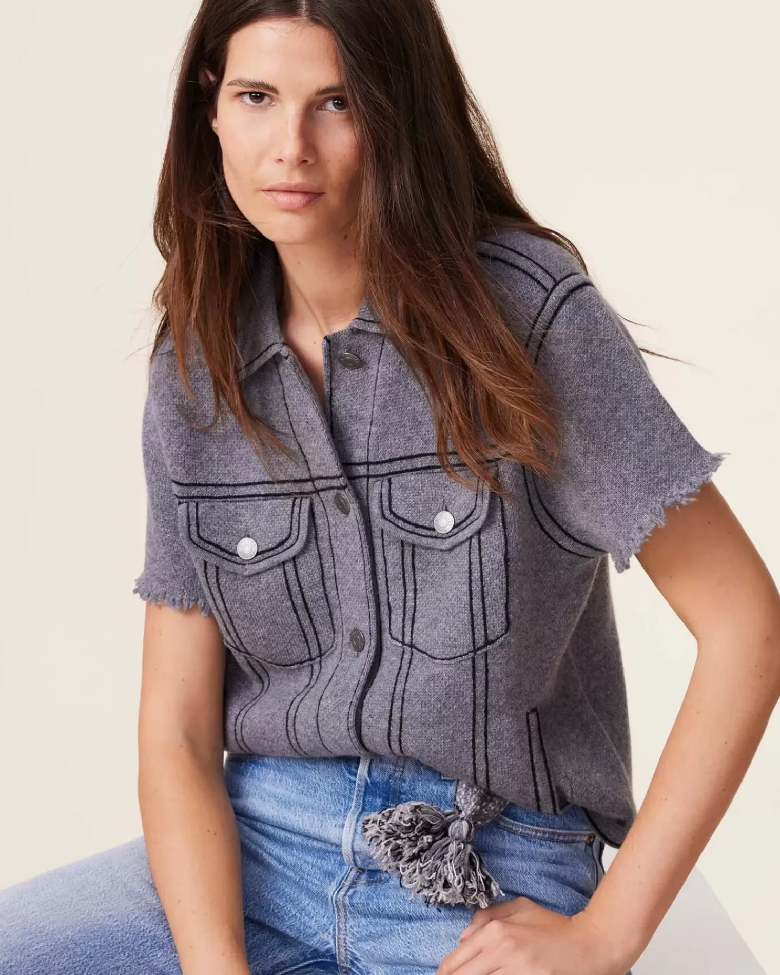 Kujten Jackets & Vests>Women Short Cashmere Jacket, 2-Threads Gris Flanelle