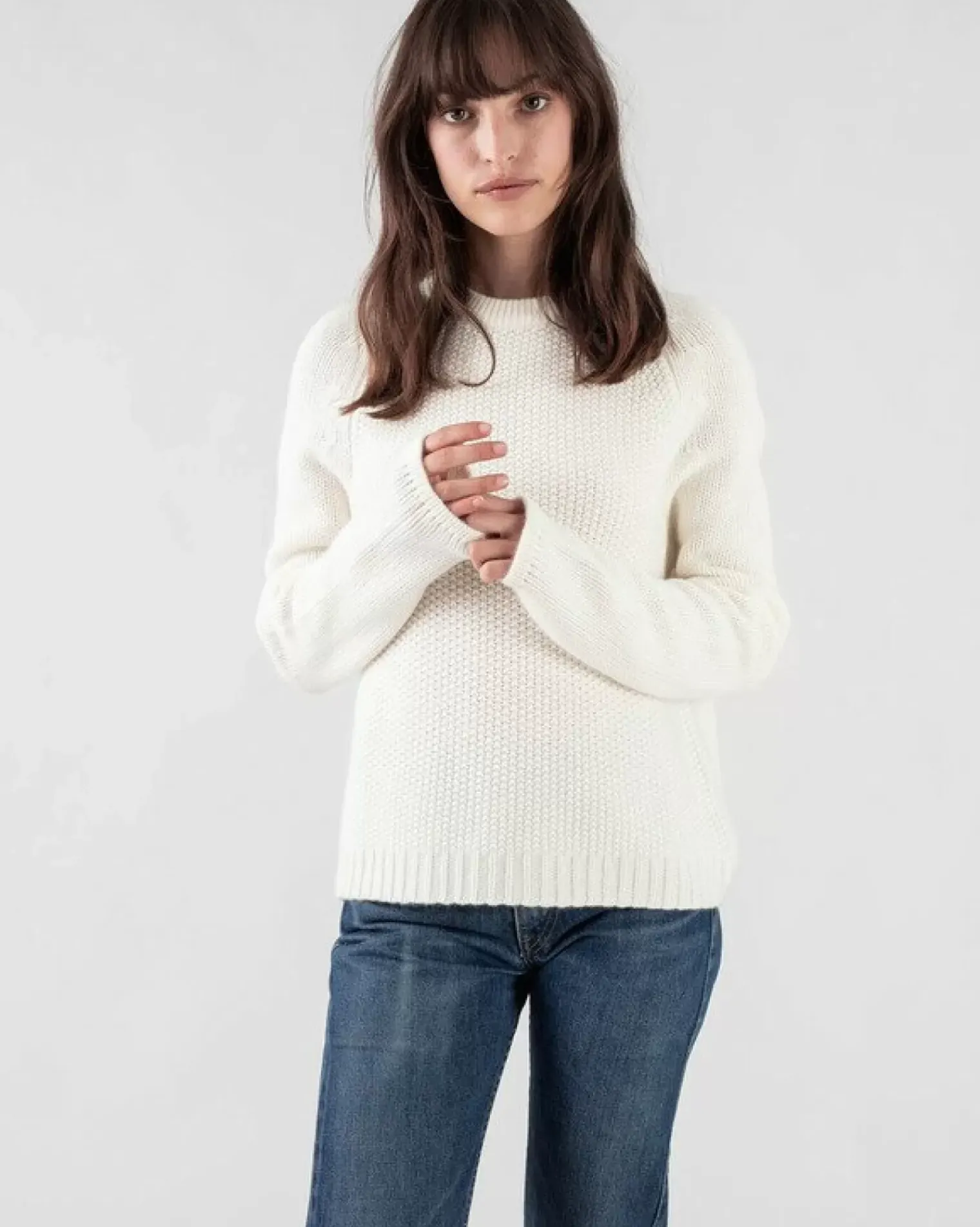 Kujten Sweaters & Sweatshirts>Women Short Round Neck Cashmere Sweater Blanc