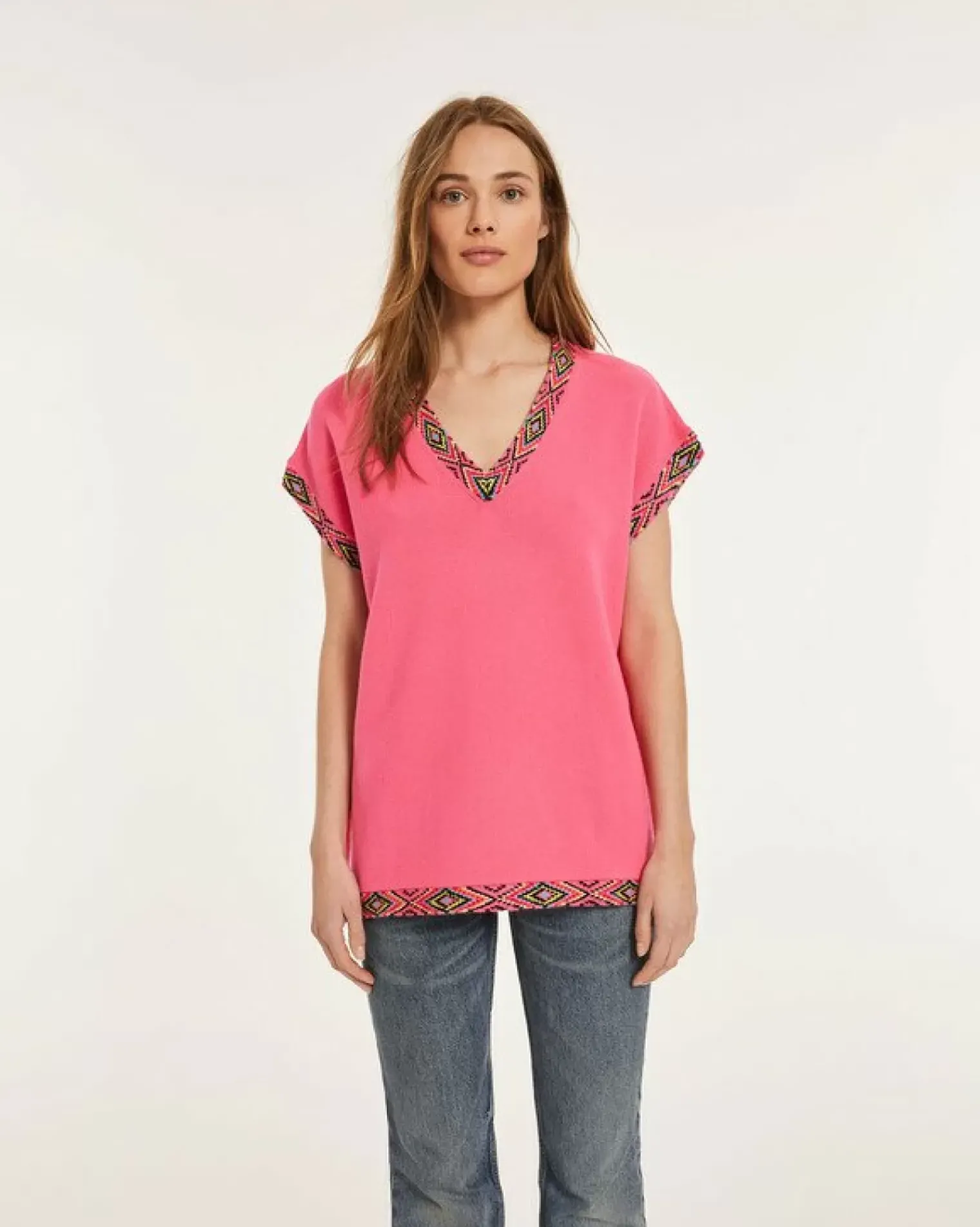 Kujten Sweaters & Sweatshirts>Women Sleeveless Oversized V-Neck Cashmere Sweater Rose Fluo