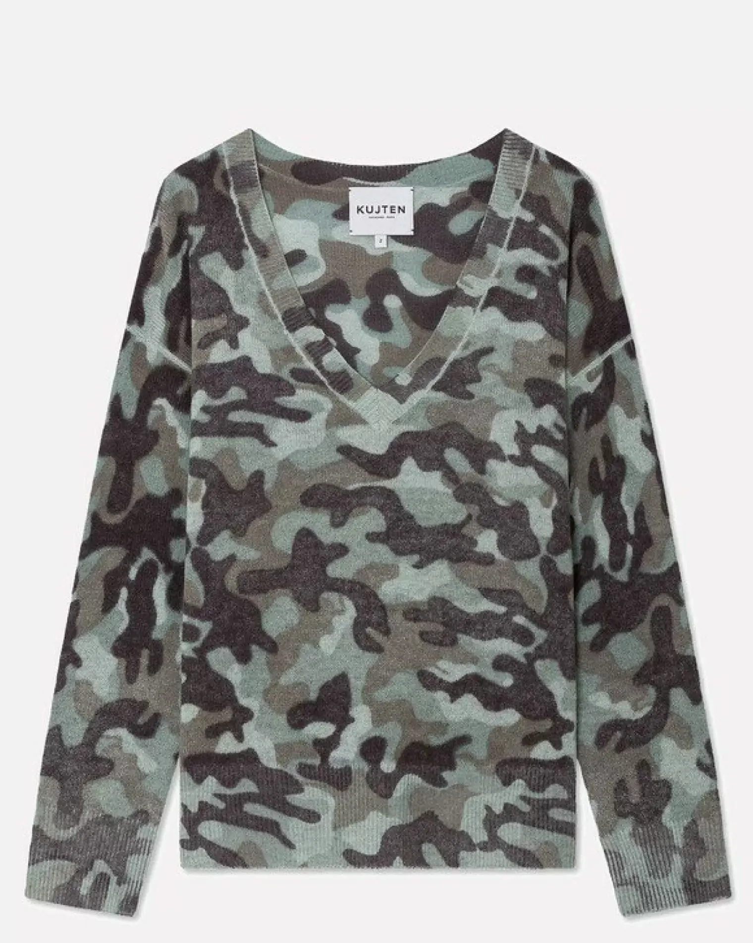 Kujten Sweaters & Sweatshirts>Women V-Neck Boyfriend Cashmere Sweater Vert Camouflage