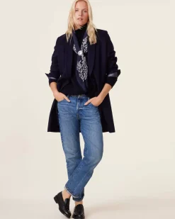 Kujten Coats>Woven Shawl Neck Cashmere Coat Bleu Marine
