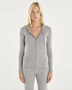 Kujten Hoodies>Zipped Hooded Round Neck Cashmere Vest Gris Chine