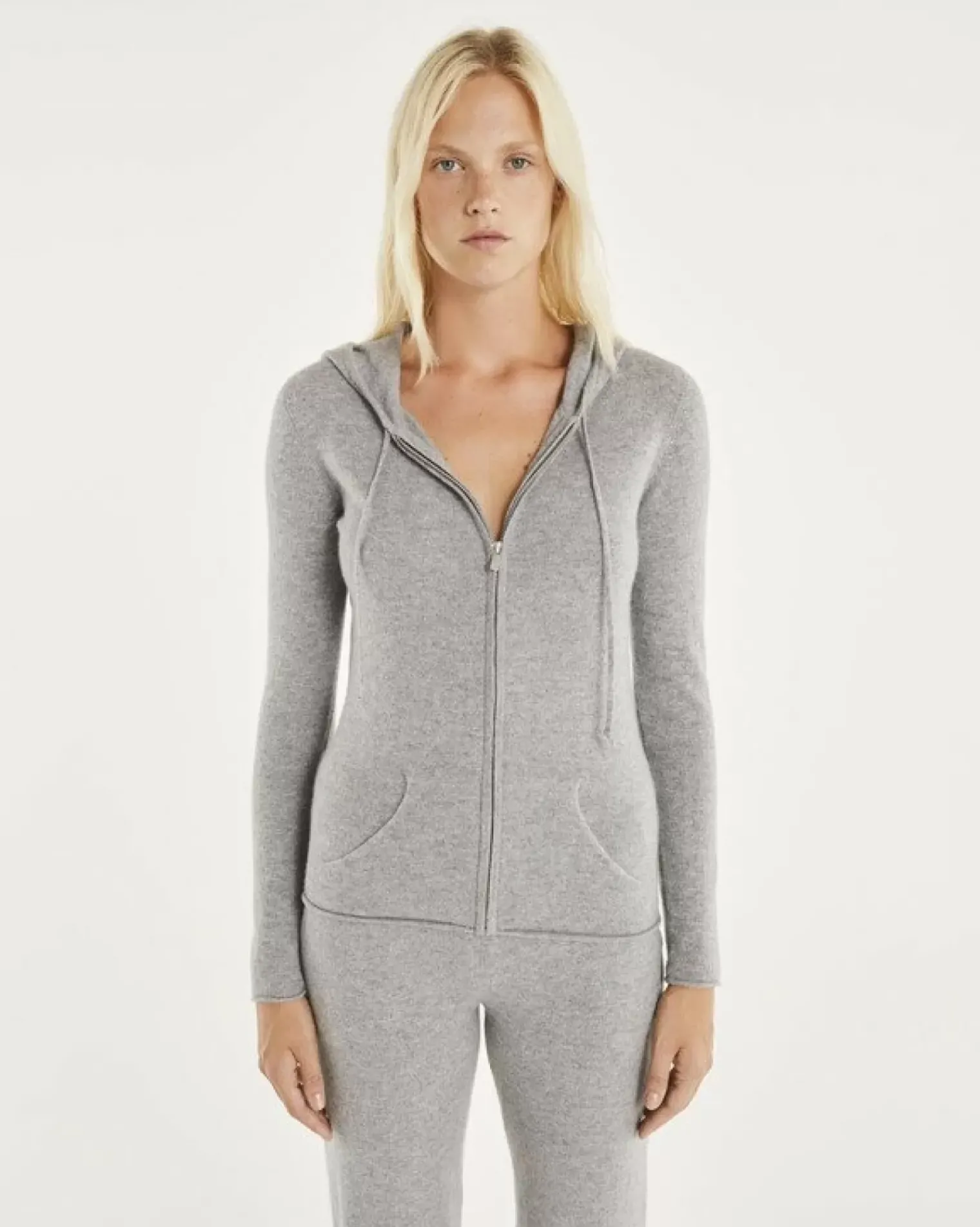 Kujten Hoodies>Zipped Hooded Round Neck Cashmere Vest Gris Chine