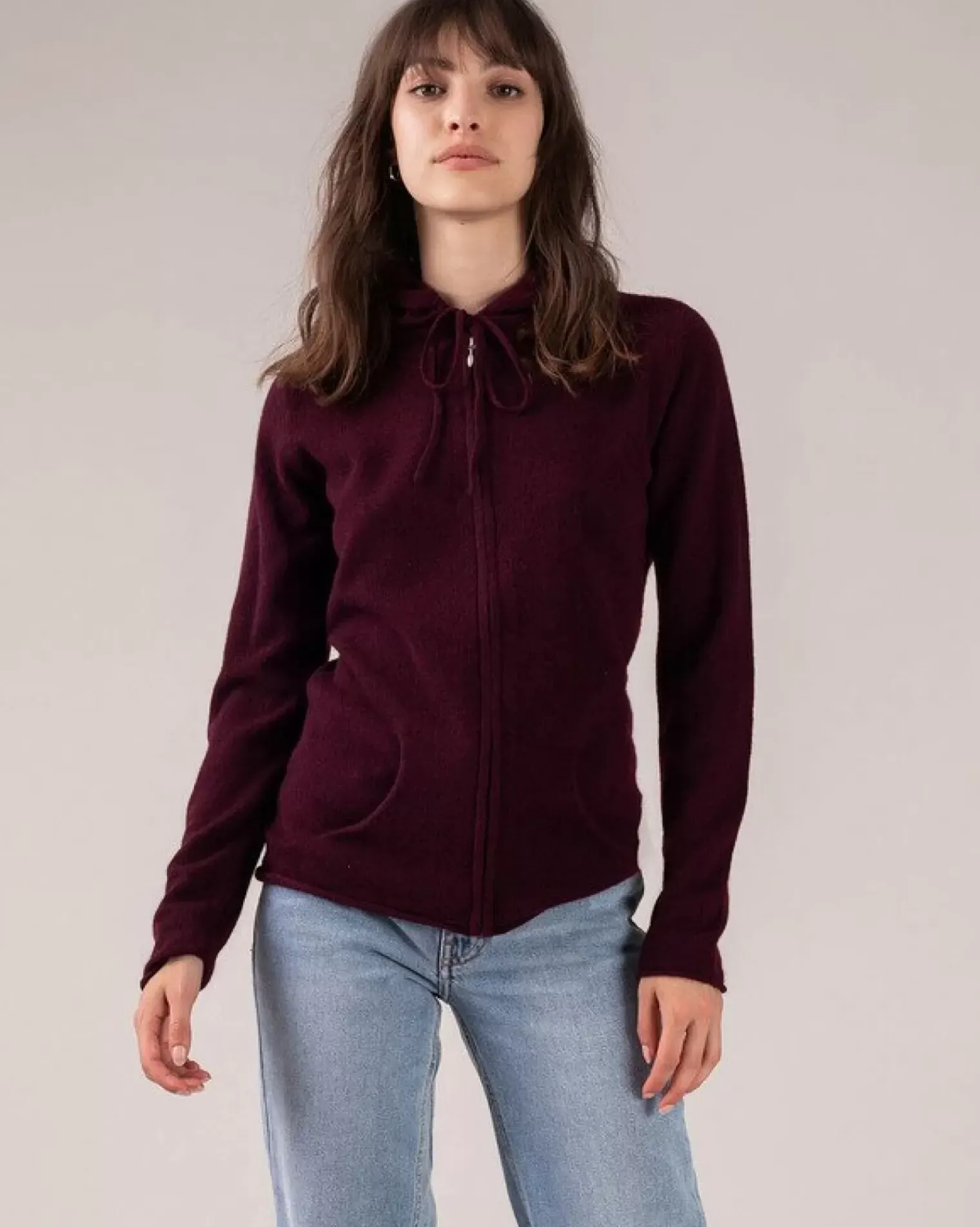 Kujten Hoodies>Zipped Hooded Round Neck Cashmere Vest Bordeaux