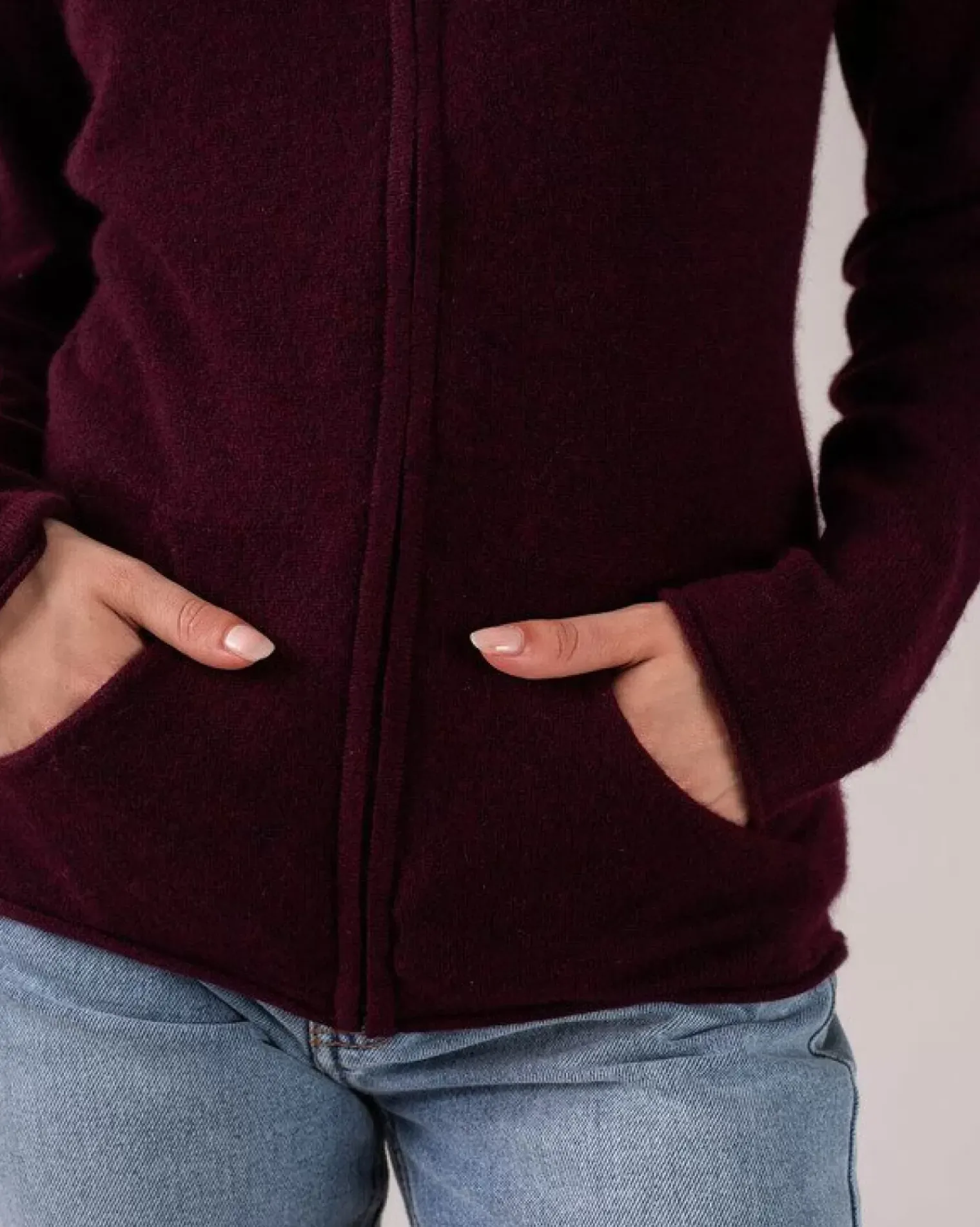 Kujten Hoodies>Zipped Hooded Round Neck Cashmere Vest Bordeaux