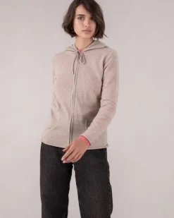 Kujten Hoodies>Zipped Hooded Round Neck Cashmere Vest Beige Chine