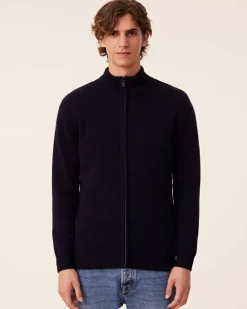 Kujten Jackets & Vests>Zipped Trucker Collar Man Cashmere Vest, 4-Threads Bleu Marine Fonce