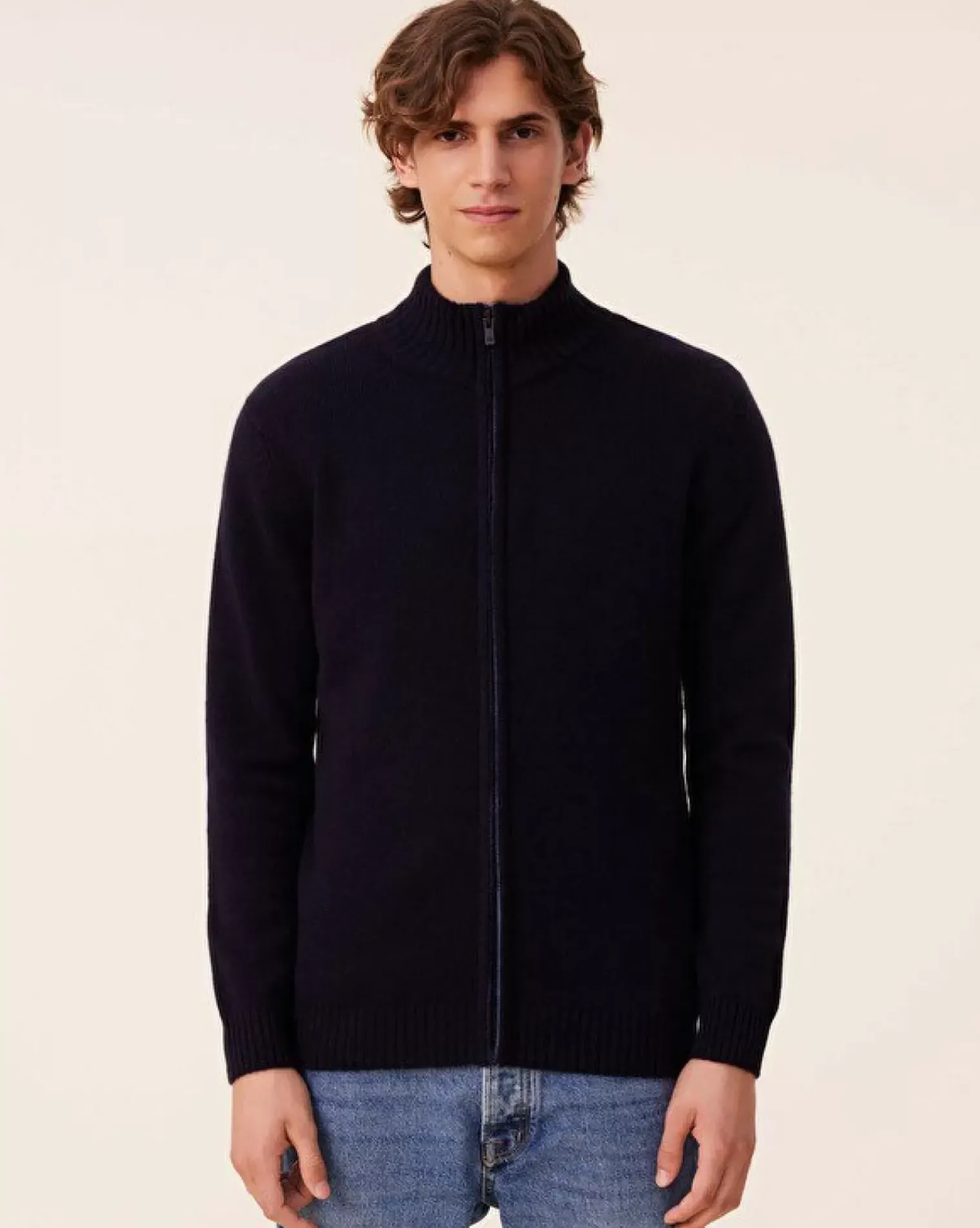 Kujten Jackets & Vests>Zipped Trucker Collar Man Cashmere Vest, 4-Threads Bleu Marine Fonce