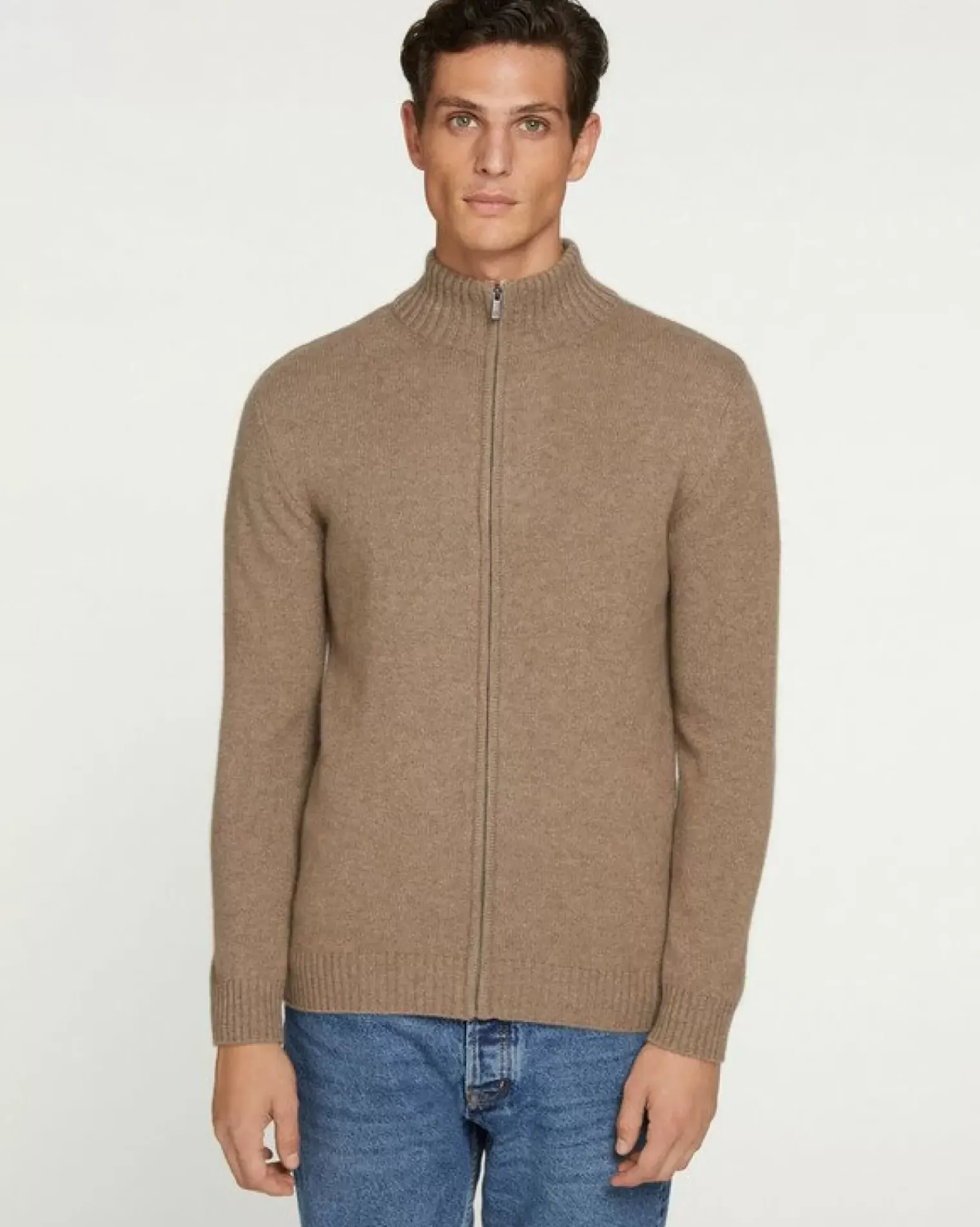 Kujten Jackets & Vests>Zipped Trucker Collar Man Cashmere Vest, 4-Threads Beige Taupe